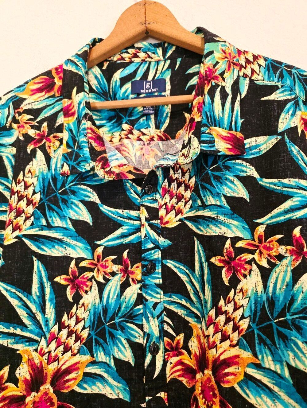 George Hawaiian Slim Fit Shirt Black Tropical Coastal Resort Men's 3XL (54-56)